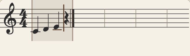 空の曲にドレミと3音入れた直後の五線。最後に入れた音符の下に茶色の短い線が出ている